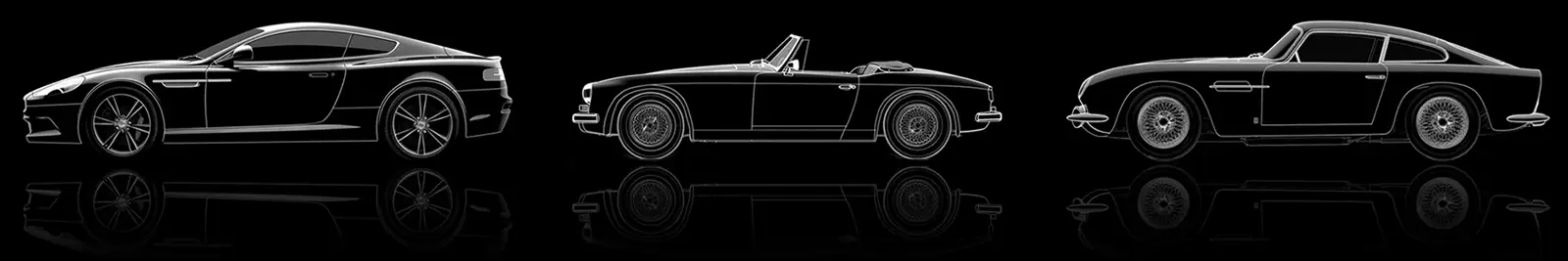 Line drawings of three cars: a modern Aston Martin coupé, a classic roadster and a classic GT